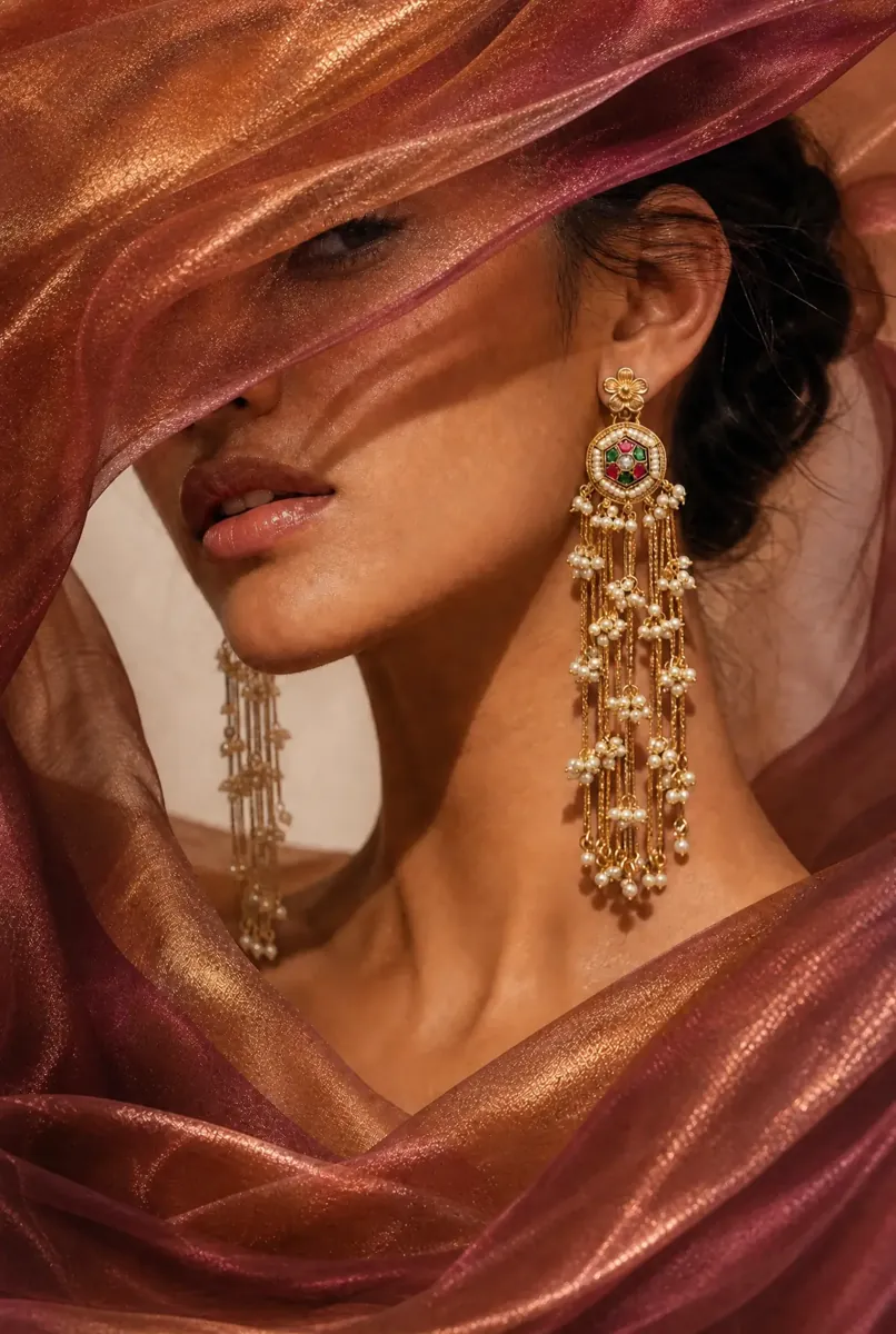 Model in copper and burgundy organza wearing long gold pearl tassel earrings