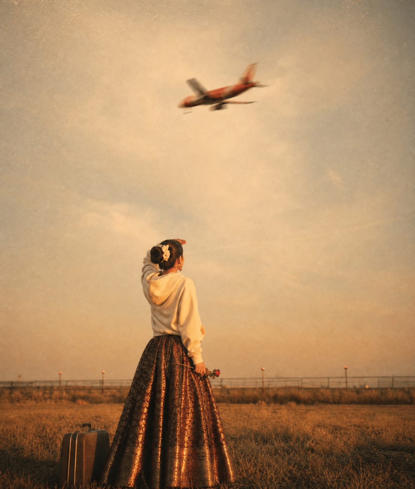 A young woman in a brocade lehenga stands at the edge of a golden-hour runway, a small suitcase at her feet, waving to a plane lifting off into the sky.
